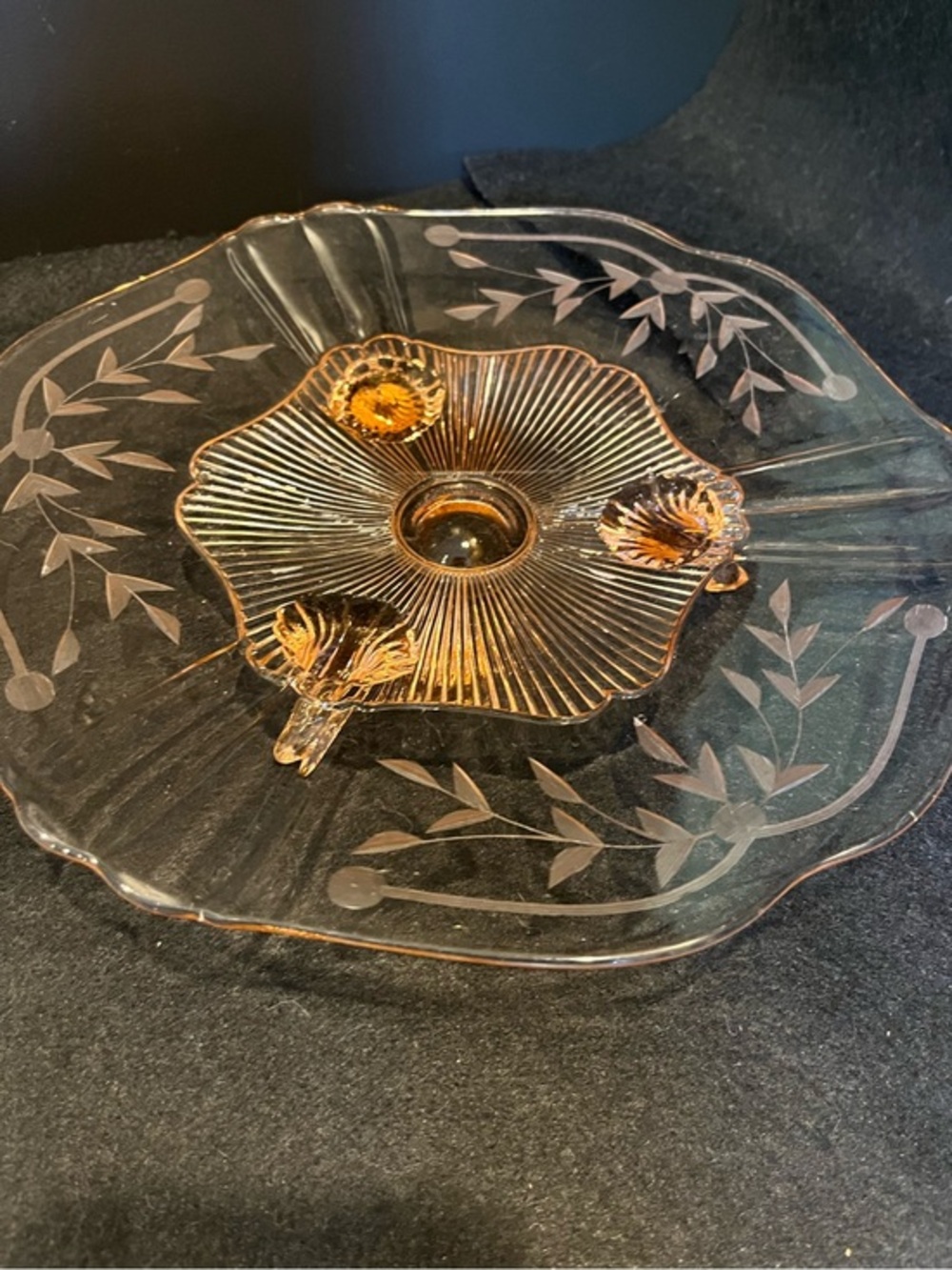 Vintage Lancaster Glass 3 Footed Serving Plate Elegant Pink Depression Glass